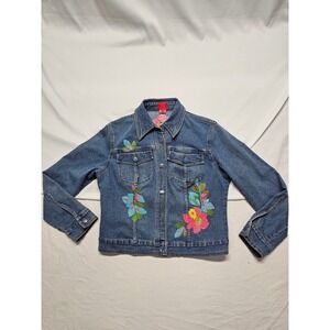 Very Vera Floral Embroidered Denim Jacket Medium Wash Blue Stretch Size MP